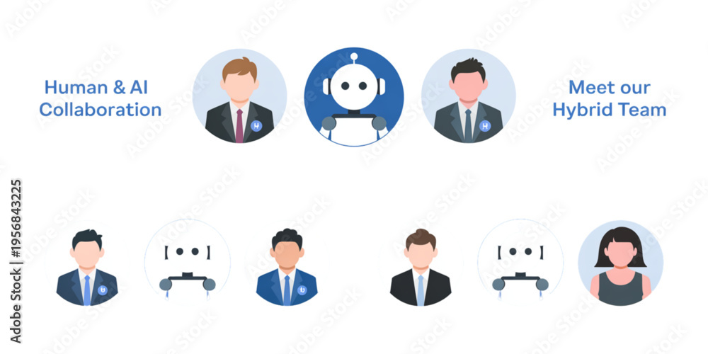 Fototapeta premium A conceptual illustration showing human employees working together with artificial intelligence robots Vector