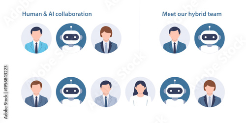 A collection of round avatar icons representing human professionals and artificial intelligence bots Vector
