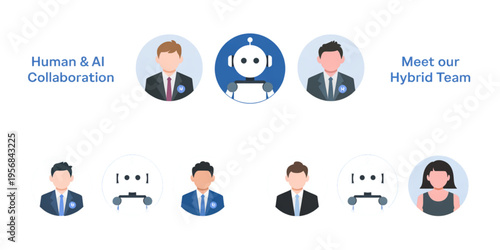 A conceptual illustration showing human employees working together with artificial intelligence robots Vector