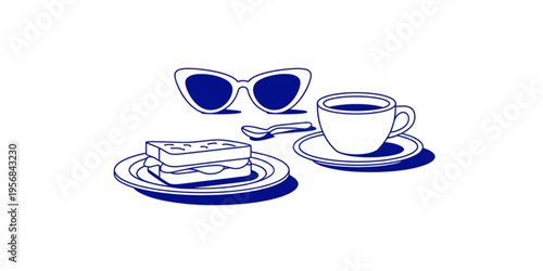 A simple flat illustration featuring a sandwich on a plate with a coffee cup and stylish glasses Vector