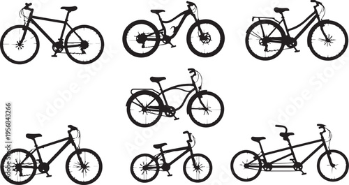 Collection of bicycles in various positions and angles shown