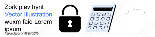 Security, data encryption, finance, calculations, workflow processes, connectivity. Black lock icon, calculator and a dotted line. Security and finance-related concepts illustrated together