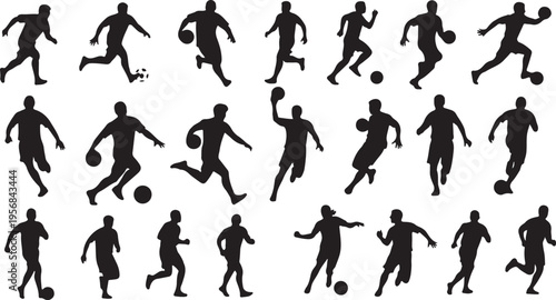 Silhouettes of soccer players in various dynamic movements action