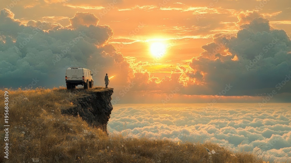 Fototapeta premium person and van at cliff edge overlooking a sea of clouds at golden sunrise, solitary awe on a grassy plateau