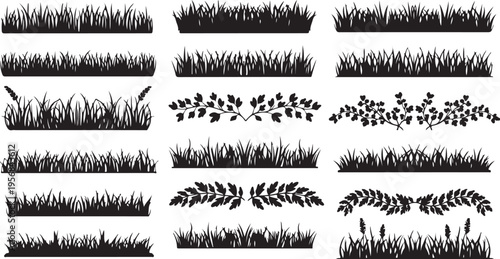 Collection of various grass silhouettes and textures for design