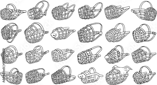 Detailed Set of Various Dog Muzzles Illustrations - Collection of Different Types and Styles of Pet Safety Devices in Black and White Line Art