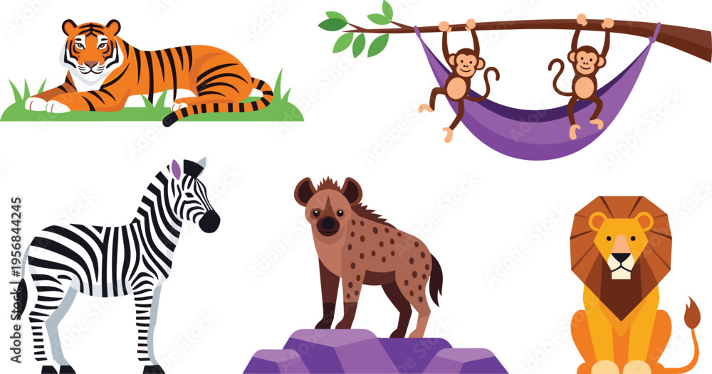 Fototapeta premium Wildlife Safari Animal Collection Featuring Tiger, Zebra, Hyena, Monkey, and Lion, Perfect for Kids' Designs, Educational Materials, and Nature Campaigns