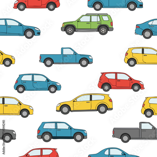 A colorful pattern of various vehicles, including cars, SUVs, and trucks