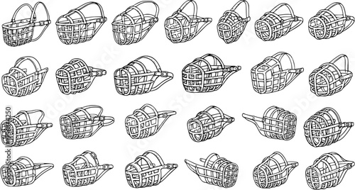 Various Dog Muzzles Set - Hand-drawn Vector Line Art Illustration of Different Types of Pet Safety Devices in Black and White Outline Sketch Style