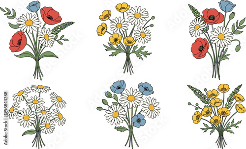 Wildflower Bouquet Set with Daisies Poppies and Meadow Flowers Floral Arrangement Illustration for Botanical Design Wedding Decoration and Natural Garden Themes