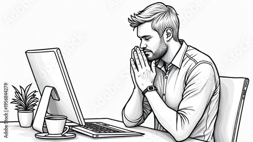 Vector illustration of stressed businessman at desk with computer