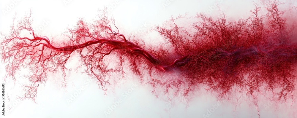 Fototapeta premium Intricate red branching vascular network on a pale background with a twisting central trunk and delicate capillary tendrils, organic and pulsating