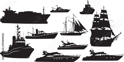 Collection of various ship silhouettes on white background illustration
