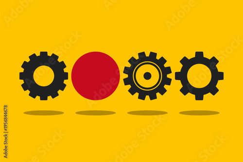 red circle between black gears, be different vector concept, leadership or teamwork illustration