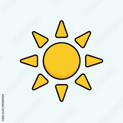 Simple yellow sun with triangle rays and black outlines on a light blue background