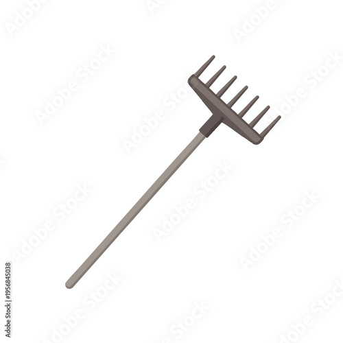A simple, dark-colored rake with a long handle is depicted on a white background