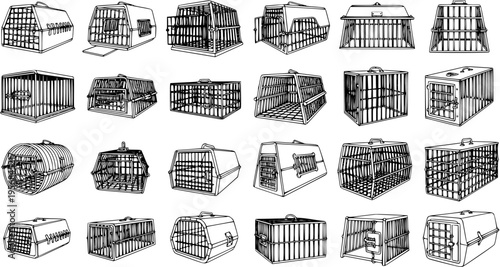 Collection of Detailed Line Art Pet Carriers: Dog Cages and Cat Kennels