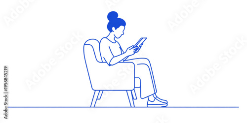 A line art illustration of a woman sitting comfortably in an armchair while using a smartphone Vector