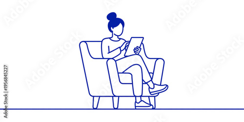 A line art illustration of a young woman sitting comfortably in a cozy armchair using a tablet Vector