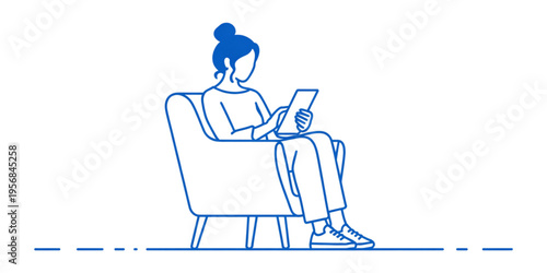 A young woman sitting in a comfortable armchair while using a digital tablet for reading online Vector