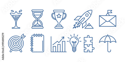 A collection of ten blue line art icons representing various business and creative productivity concepts Vector