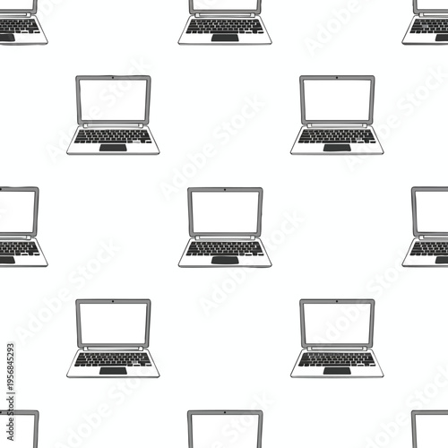 Repeating pattern of drawn laptops with blank screens, keyboard, and trackpad