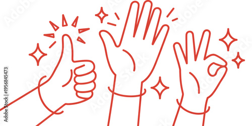 Red line art illustration showing hands making various positive gestures like thumbs up and okay sign Vector