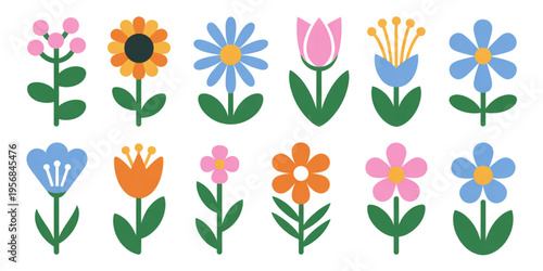 A collection of colorful flat vector flower icons with simple geometric shapes and green leaves Vector