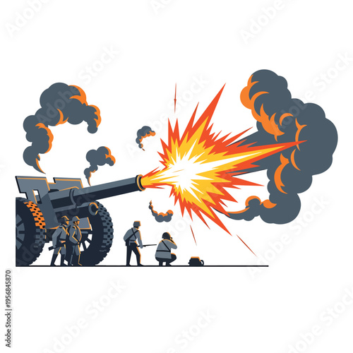 Artillery Cannon Firing with Soldiers Operating Military Weapon in Combat Illustration