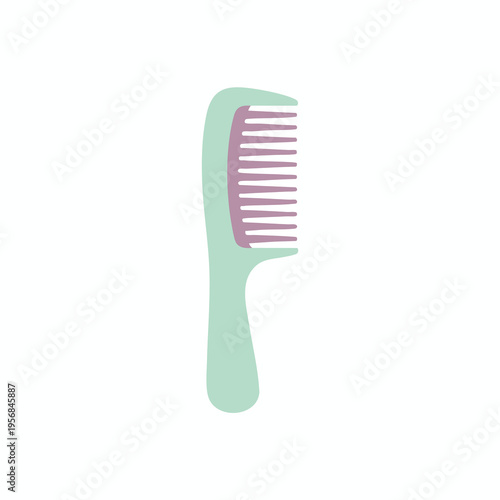 A mint green comb with purple teeth, displayed vertically on a white background