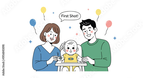 A cheerful family celebrates World Immunization Week with a baby's first vaccination shot in a colorful and joyful home setting