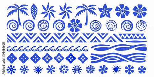 Blue polynesian inspired patterns and tropical elements arranged in rows