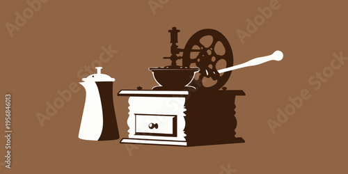 Vintage coffee grinder and salt shaker on a brown surface