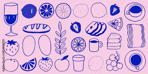Stylized blue line drawings of various fruits drinks and baked goods