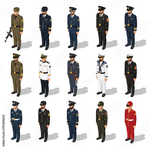 Isometric Vector Illustration Set of Military and Naval Officers in Various Uniforms