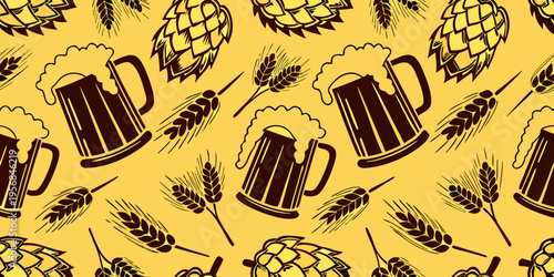 Seamless pattern of beer mugs hops and wheat stalks on yellow