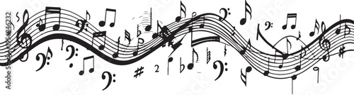 Musical notes and symbols on a wavy staff line