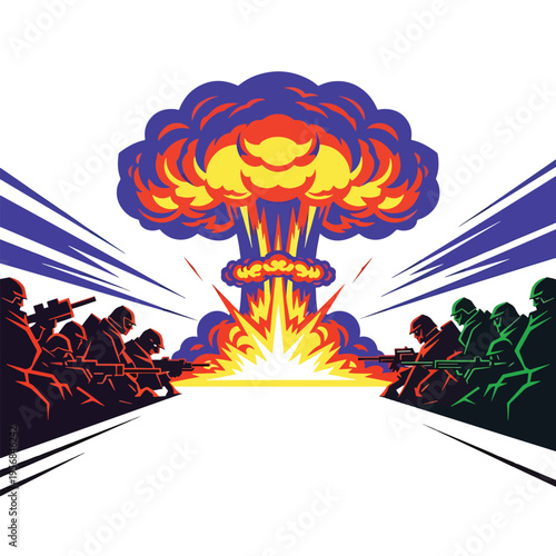 Stylized vector of armed forces in a standoff with a mushroom cloud explosion