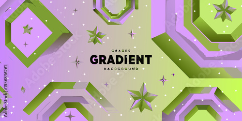Abstract geometric shapes in purple and green with a gradient background