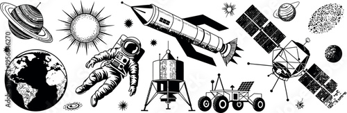 A large rocket ship blasts off through a busy field of cosmic objects and exploration gear. 