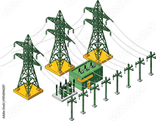 Isometric 3D illustration of an electrical substation with power transmission towers, high voltage lines, and transformers for energy infrastructure, utility distribution, and industrial power.