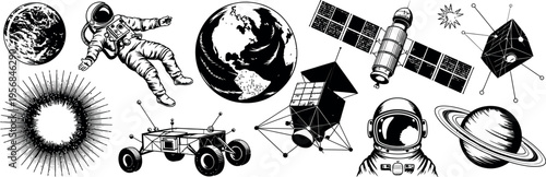 This monochrome collage features various elements of space exploration and celestial bodies. 