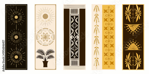A collection of six ornate vertically oriented art deco bookmark designs