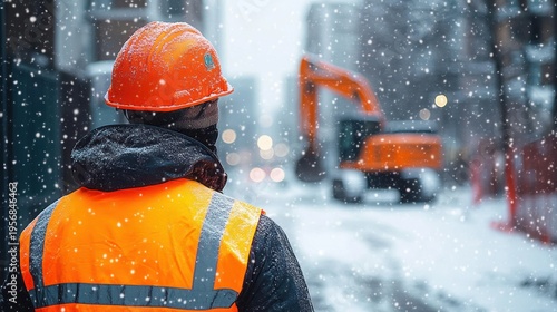 Construction worker in orange hard hat and reflective vest standing in falling snow at urban site with blurred excavator, conveying cold determination