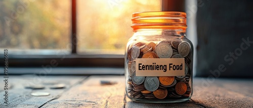 glass jar labeled Eennieng Food filled with coins on a wooden table by a sunlit window, warm golden glow and a cozy hopeful feeling of saving