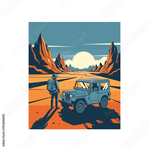 Traveler on a Desert Road Trip, Exploring Vast Canyon Landscapes at Sunset, Vector Illustration