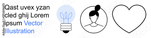 Creativity, human connection, love, innovation, self-expression, relationships. Minimalists icons a light bulb, a female profile in circular frame and a heart outline. Creativity and human
