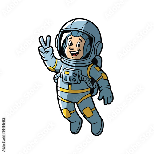 Cheerful cartoon astronaut character making peace sign, floating in zero gravity illustration