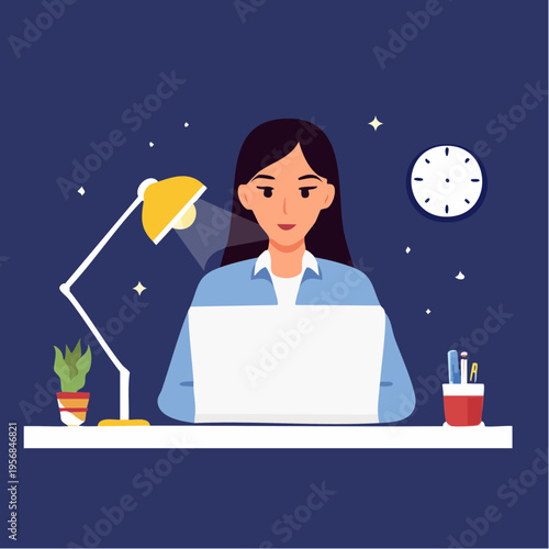 Overworked Employee at Night – Exhausted Freelancer with Laptop in Dark Office