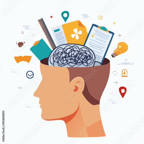 Anxiety and Overthinking Concept – Chaotic Mind Inside Human Head Illustration